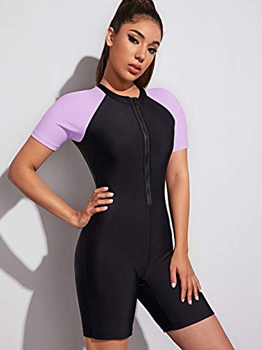 Makemechic MMC2-SM23200914156-S Women'S Colorblock Zip Up One Piece Swimsuit Sporty Bathing Set Black Purple S thumb #3