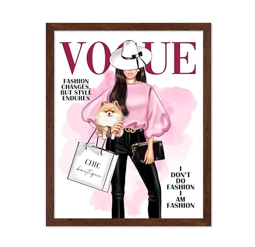 Image of Poster Master Lady with Dog Print - I Am Fashion Poster - Modern Trendy Art - Chic Gift for Women & Fashionista - Haute Couture Decor for Bedroom or Girls Room - 8x10 Brown Framed