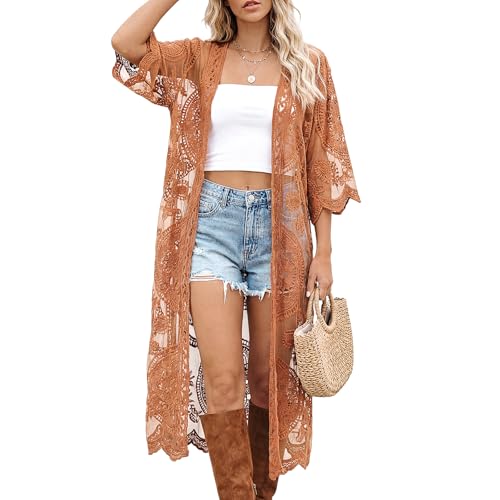 Funnysoft Kimonos for Women Lace Cardigan Swimsuit Cover up Summer Kimono Cardigan Open Front Sheer Long Boho Coverup (Brass)