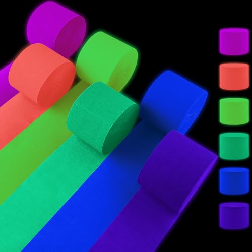 Oun Nana Neon Crepe Paper Streamers 2.2 x 123 Ft Per Roll Glow in The Dark Streamers 6 Rolls for Rainbow Birthday Party Wedding Decorations UV Blacklight Reactive Fluorescent Party Supplies