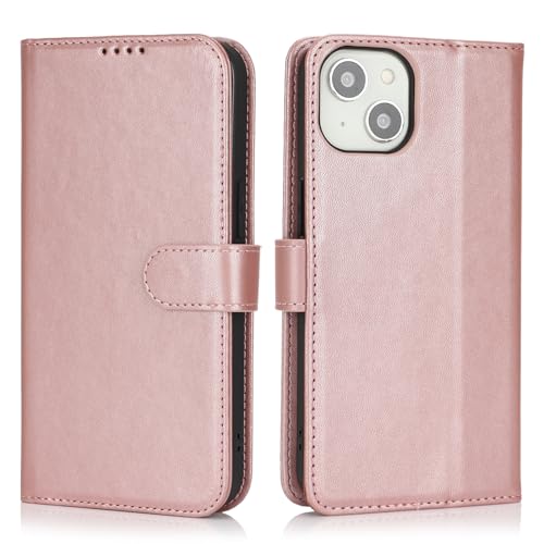 Image of for iPhone 14 Case Wallet with Card Holder,for iPhone 13 Wallet Case for Women Men,PU Leather Shockproof Magnetic Buckle Stand Flip Phone Case-Rose Gold
