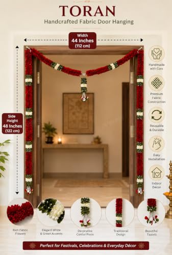 Image of Divyakosh Thoran Set (with Side Hanging), Toran for Main Door Entrance, Fabric, Handmade, Dark Red Floral Banderwal, Big Size, Width 44 Inches & Height 48 Inches