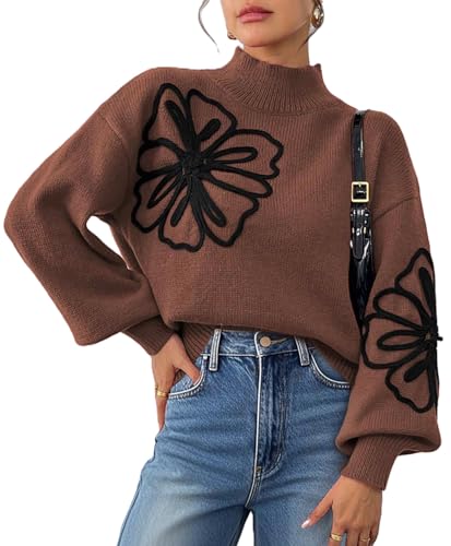 Women's Floral Embroidered Sweater Print High Neck Ribbed Knit Pullover Graphic Jumper Lantern Sleeve Crochet Top