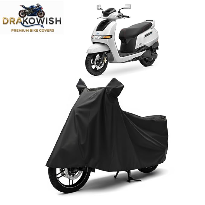 Image of DRAKOWISH Waterproof Scooty Cover for Tvs Iqube Electric All Weather Protection from Rain, Dust, UV Rays & Scratches with Mirror Pockets & Buckle Belt