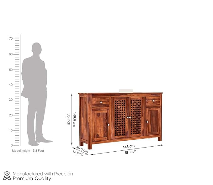 Image of Solid Sheesham Wood Wooden Sideboard Storage Cabinet & Chest of Drawer : Ideal for Living Room and Bedroom with 2 Drawers and 4-Shelf Storage (Mendes, Honey Finish)