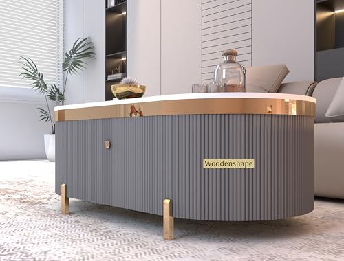 Image of Premium Marble-Top Center Table with One Storage Door and PVD Coated lron Legs and Coffee Table with Oval Design for Living Room and Entryway [ Modern coffee table ] ,42x24x18 Inch, (Gray)