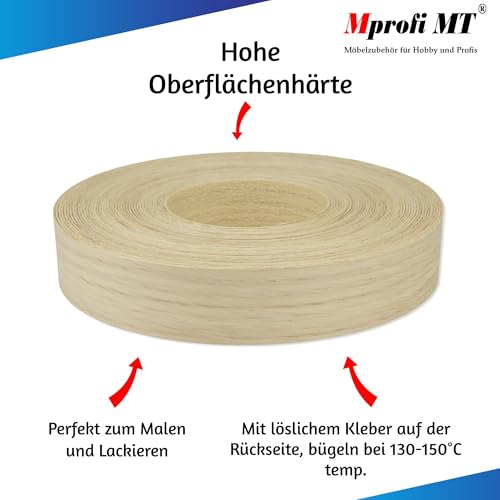 Mprofi MT® Kantenumleimer Eiche | 60 mm x 5 m | Echtholz Furnier Kantenband | Bügelkantenumleimer für Regale und Möbelplatten | Kantenumleimer mit Schmelzkleber | Bügelkante für Möbel – HR/60/5