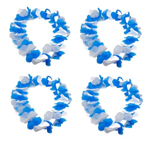 BF souvenirer 4 stycken Hawaii-kedjor blomkedja vit-blå med 30 stora blommor/strandfest/karneval/temafest, Vit – blå, Weiß - Blau