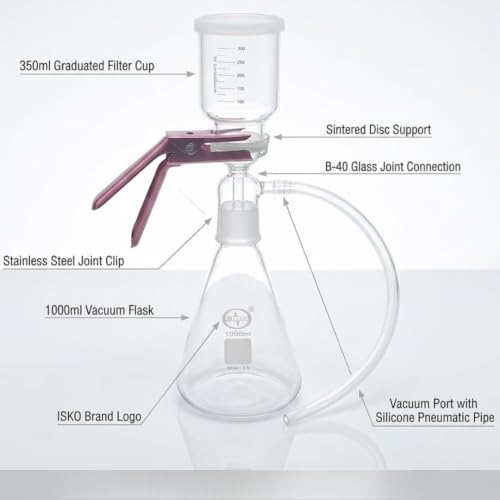 Image of ISKO Borosilicate glass Membrane Filter Holder Assembly with 350ml graduated sintered cup and silicone Pneumatic Pipe - 1000ml flask capacity B-40 Joint 47MM Filter (1 set)
