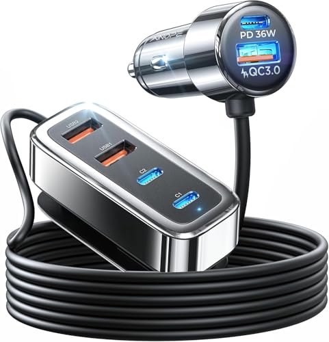 AINOPE 90W USB C Car Charger 6-Port, iPhone 15 Pro Max Fast USB Car Charger Fast Charging, PD 30W & QC3.0 Cigarette Lighter Car USB Charger Multi Port with 5FT Cable for iPhone 14/iPad/Samsung S23