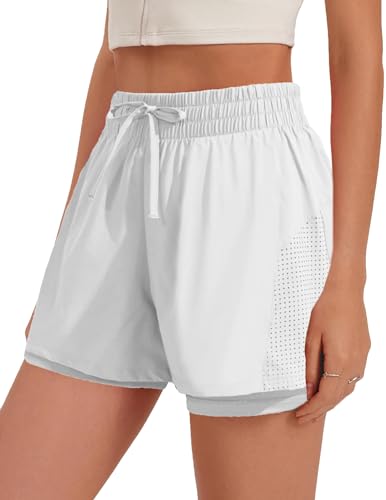 PINSPARK Sporthose Damen Kurze 2 in 1 Sport Shorts mit Taschen High Waist Laufhose Dammen Schnelltrocknende Trainingshose Running Shorts Fitness Yoga Jogging Weiß M PINSPARK Sporthose Damen Kurze 2 in 1 Sport Shorts mit Taschen High Waist Laufhose Dammen Schnelltrocknende Trainingshose Running Shorts Fitness Yoga Jogging Weiß M