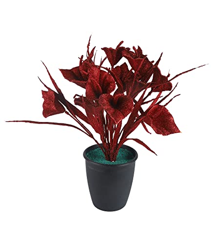 Image of Foliyaj Artificial Red Tulip Plant in Black Pot with Green Grass for Interior Decor | Faux Plant for Desks, Shelves and Side Tables for Your Home and Office | Fake Plants for Indoor Decoration