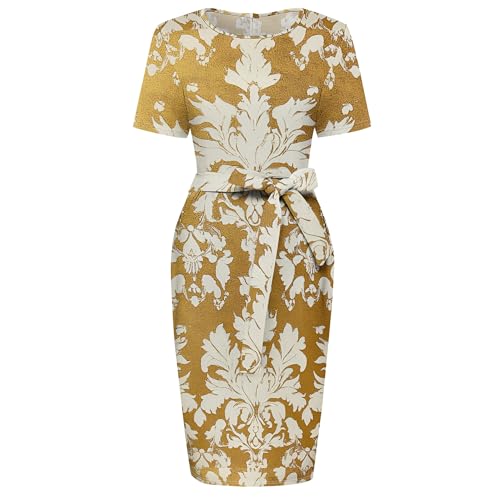 Women's Formal Floral Print Sexy Bodycon Work Dresses Summer Short Sleeve Elegant Cocktail Party Midi Dress with Belt4