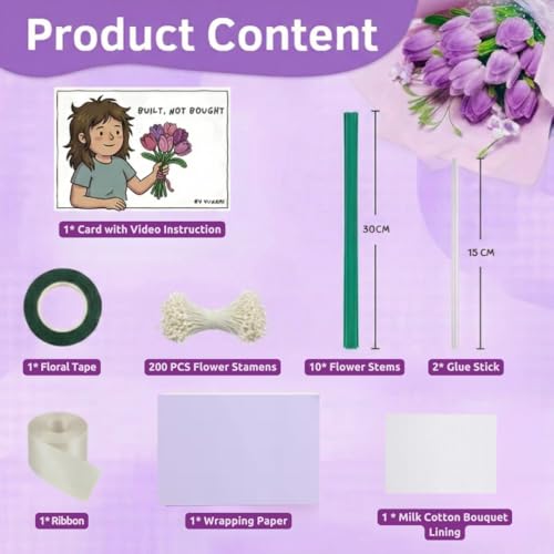 Image of YUNAMI Chenille Stems for DIY Flower Making - 200 Pcs Pipe Cleaners with Floral Wire, Tape, Stamen & Wrapping Paper - Premium Bouquet Supplies for Home Decor & Gifting (Purple)