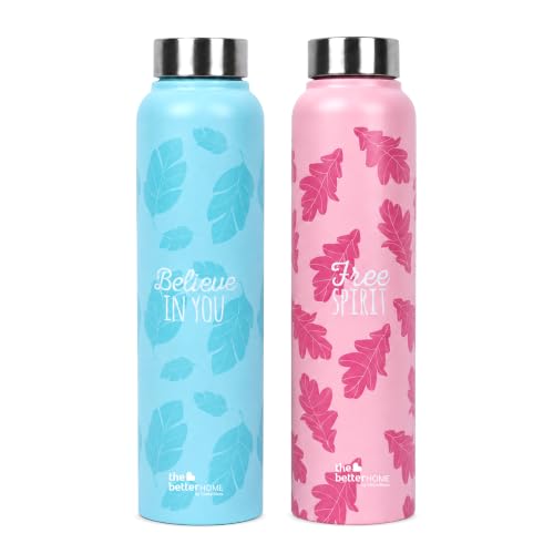 Image of The Better Home Stainless Steel Water Bottle 1 Litre | Pack of 2 | Leak Proof, BPA Free, Rust Proof | Printed Sipper Bottles for Office, Gym, School, Travel, Kids & Adults | Blue, Pink