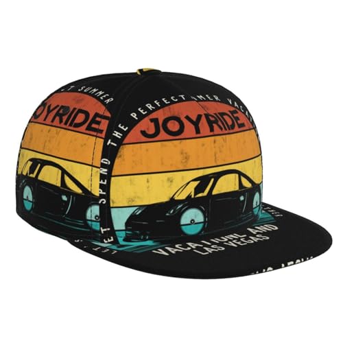 Retro Sunset Racer Fashion Flat Brim Baseball Cap â€“ Stylish Unisex Cap with All-Over Print Design â€“ Breathable Lightweight Hat for Daily Wear, Outdoor Activities, and Travel Black