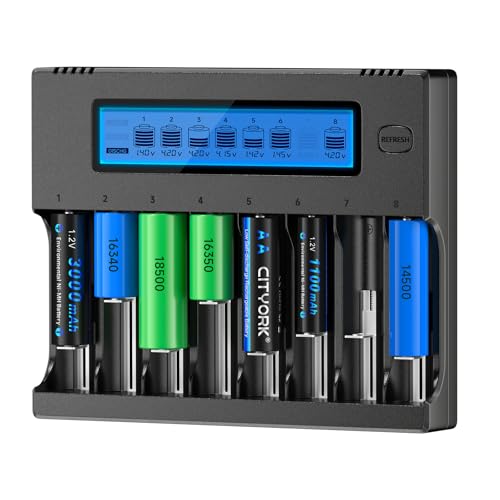 CITYORK 8 Bay 18650 Battery Charger LCD Display Universal Charger for 3.7V Lithium Rechargeable Batteries 18650 18490 18350 17670 17500 16340(RCR123) 14500 with Wall Adapter(Batteries not Included)