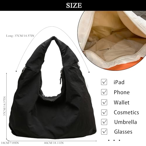 Slouchy Tote Bag Multipockets Nylon Purse Large Hobo Bags for Women Solid Color Shoulder Handbag3