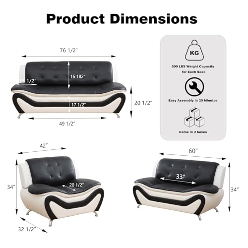 Image of Faux Leather Sofa Set, 3 Piece Living Room Furniture Set - Modern Couch Set with Loveseat & Chair, Small Space Sofa Set for Apartment, Office or Reception Room, Black & White