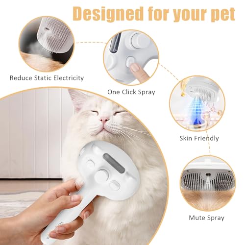Image of Cat Steam Brush for Shedding, Pet Steam Brush for Dog with Release Button,Anti-Static Pet Spray Hair Removal Comb,Cat Spray Comb for Long & Short Haired Pets,White