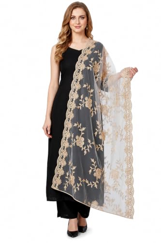 Chandrakala Net Dupatta for Women Elegant Sheer Floral Wrap for Ethnic Wear Wedding Party & Festive Styling Gold White (D280GOL)