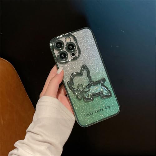 Coque iPhone 13 Pro sables mouvants paillettes vertes coque chien