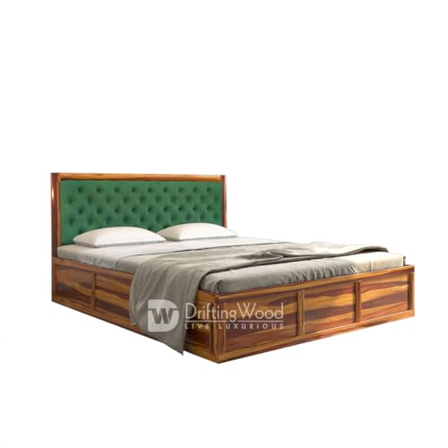 Image of DRIFTINGWOOD Dolvi Solid Sheesham Wood Queen Size Bed with Storage | Wooden Double Bed Cot Bed with Box Storage & Upholstered Green Cushioned Headboard for Bedroom | Rosewood, Honey Finish