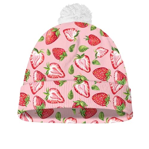 Suhoaziia Strawberry Toddler Kids Winter Warm Beanie Hats for Boys and Girls Fall Winter Outfits Knit Cap Pink Beanies Warm Winter Pom-pom Cap Hat