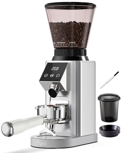 Comparison: Best Espresso Burr Grinder 7 Tuni G1 Conical Burr Coffee Grinder, 48 Grind Settings Anti-static Burr Mill, Precision Electronic Timer and LED Touchscreen for Espresso/Drip/Cold Brew/French Press, Stainless Steel, Silver