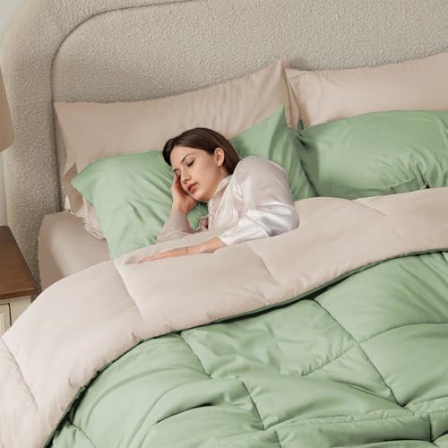 Anluoer Queen Comforter Set 7 Piece, Sage Green Bed in a Bag with Sheets, All Season Bedding Comforter Sets with 1 Comforter, 2 Pillow Shams, 2 Pillowcases, 1 Flat Sheet,1 Fitted Sheet