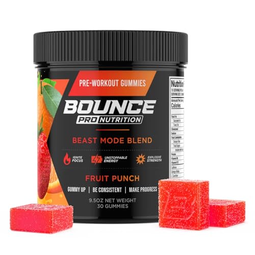 Bounce Pro Beast Mode Pre Workout Gummies with 320mg Caffeine Beta-Alanine & L-Tyrosine for Energy Focus & Training Intensity (30 Count (Pack of 1) Fruit Punch)