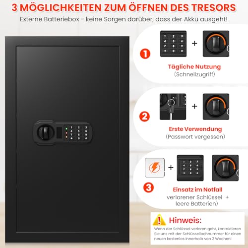 85L Großer Feuerfester Tresor mit Feuerfeste Dokumententasche, Digitaler Heimtresor mit Herausnehmbarem Regal, Möbeltresor Dokumente Gold Schmuck Wertsachen