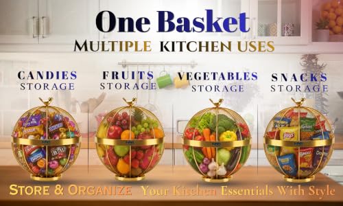Image of Golden Premium Fruit Basket for Dining Table, Gold Fruit Basket with Lid & Bird Top, Decorative Fruit Basket for Kitchen Countertop, Fruits, Vegetables & Snacks