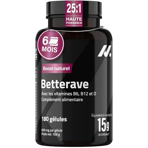 Betterave 15.000 mg de betterave en poudre – Extrait de betterave 25:1 – Nitrates naturels pour soutenir l’utilisation de l’oxygène – avec vitamines B6, B12 & D – 180 gélules véganes – Beetroot