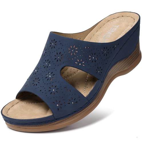 Image of TEMOFON Women Wedge Sandals Dressy: Comfortable Lightweight Summer Shoes | Low Wedge Heel - Fit Wide Feet - Comfy Stylish Slip on Sandals Size 5-11