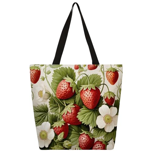 Watercolour Strawberry Large Capacity Canvas Tote Bag Stylish Handheld Shoulder Bag Reusable Shopping Bag for Work Travel Beach Trips Shopping