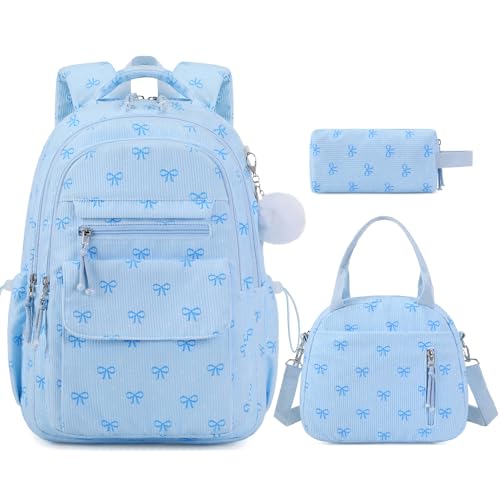 Bevalsa Backpack for Girls, 3PCS Corduroy Kids Backpack Set with Lunch Box & Pencil Pouch, Bookbag Daypack Laptop Bag for Women Teens Elementary Middle High School