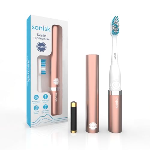 Sonisk Pulse | Cepillo de dientes eléctrico con pilas | Tecnología Sonic | 1 batería, 2 cabezales de cepillo, 31 000 movimientos por minuto, antimicrobiano, tamaño portátil, gold
