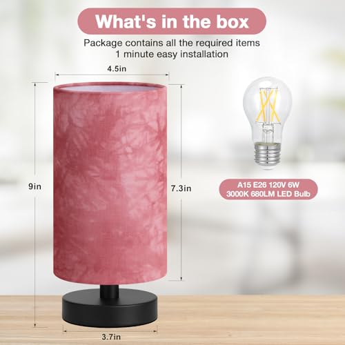 Image of Fenmzee Small Table Lamp for Bedroom - Inline Control, Bedside Lamp with 3000K A15 LED Blub, Easy Assembly (Pink Shade - Black Base, 9 inch Inline Control)
