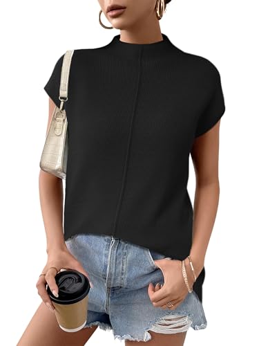 Image of Anbech Women's Mock Neck Sleeveless Pullover Sweater Vest Cap Sleeve Knit Summer Tank Tops