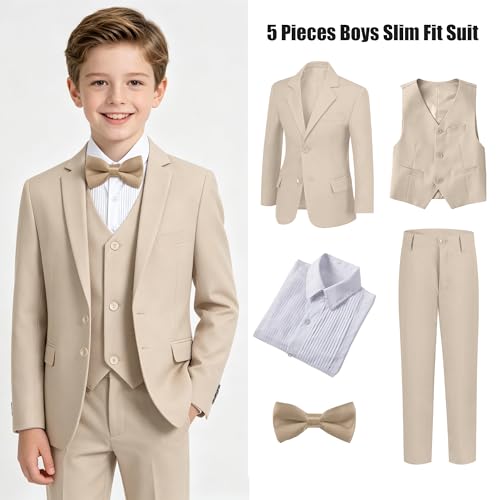 Image of Boys' Formal Suit 5 Piece Slim Fit Suits for Boy Kids Tuxedo Toddler Wedding Ring Bearer Outfit Teen Communion Dress