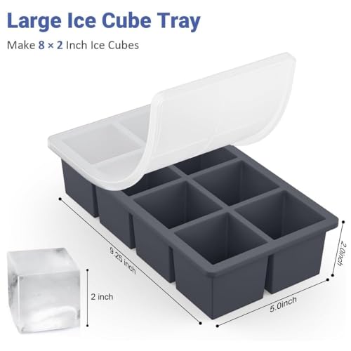 Image of Ice Cube Molds with Lid,Big Silicone Ice Cube Tray for Whiskey,2Inch Square Ice Cube Tray,Easy-Release Ice Mold,Giant Ice Cubes for Bourbon Cocktail (2,)