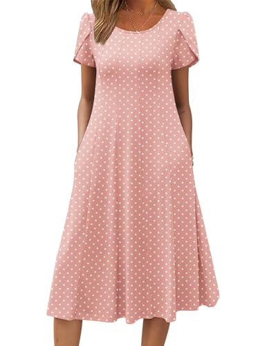Zeagoo Women Summer Midi Sundress Short Petal Sleeve Flare Dress Cotton T Shirts Dress Floral A-Line Loose Fit Dresses, Pink Dot,XXL