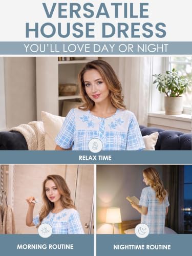 Image of Casual Nights Women's Snap - Front House Dress Short Sleeve Woven Housecoat Duster Lounger Robe with Pockets