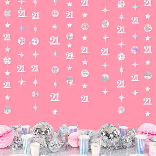 Image of Iridescent 21st Disco Birthday Decorations Laser Number 21 Disco Ball Twinkle Star Garland Metallic Banner Backdrop for Girls Boys Happy 21st Birthday Finally Legal Cheers to 21 Years Party Decor