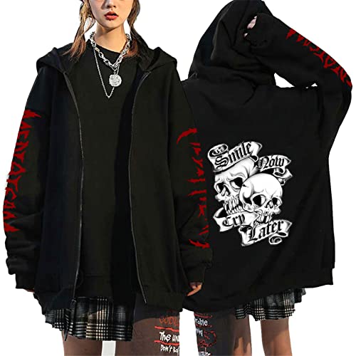 kewing Hombres Mujeres Hip Hop Sudadera con Cremallera Cráneo Impreso Oversized Sudadera con Capucha Gothic Harajuku Y2K Punk Chaqueta con Cremallera Cover
