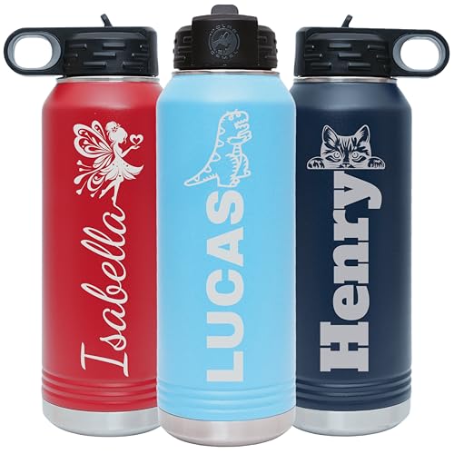Custom Personalized Laser Engraved 12 20 32 40 oz Kids Water Bottles with Name & 20 Icon, Custom Kids Water Bottle Stainless Steel Double Wall with Lid and Straw