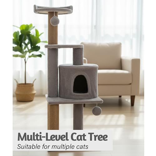 Image of Soft Fur Activity Scratching Post /Cat Tree for Kittens & Cats - Natural Sisal Rope Triple Platform Tower (Height 43 Inch) (Grey -3FLOOR)