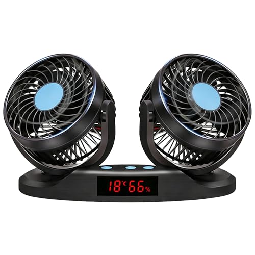 MOGZZi 12V Ventilateur Voiture avec Double Tête, 12 Vitesses et 360° Rotatif avec Affichage D'humidité & LED de Température, Ventilateur de Refroidissement...