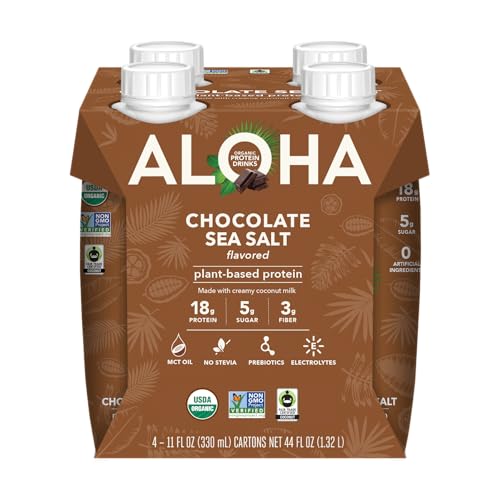 Image of ALOHA Organic Protein Drink, Chocolate Sea Salt, Low Sugar & Dairy Free Ready-to-Drink Protein Shake, Plant Based, Non-Dairy, Clean Ingredients, GLP-1 Friendly, 18g Protein, Gluten Free (Pack of 2)
